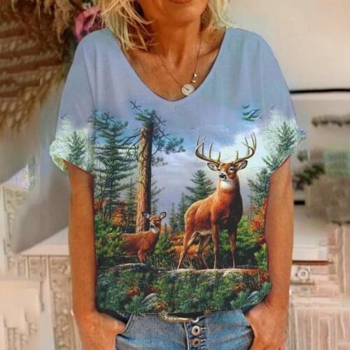 New T-shirt animal (positioning) color printing V-neck womens top 2021 summer new loose and comfortable womens wear одежда