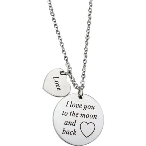 Stainless Steel Necklace Jewelry Inspirational Lettering I love you to the moon and back Heart Pendant Valentines Day Necklace