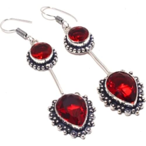 Garnets Earrings Silver Overlay over Copper , 74mm, E4036