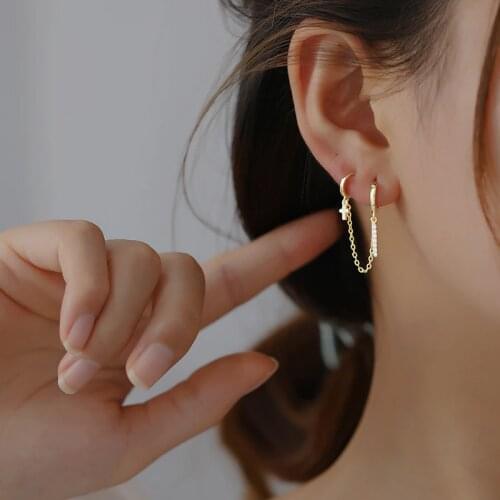 925 sterling silver earring fashion zircon design 2pierced ears Cross bar star chain ear bone personality boy girl ear jewel