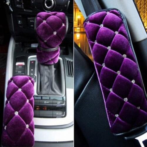 Bling Rhinestone Diamond Plush Car Gear Shift Cover Car Handbrake Gear Knob Cover Seat Belt Cover For Women Auto Accessories