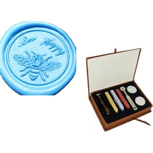 Vintage Bee Happy Fancy Script Custom Picture Logo Wedding Invitation Wax Seal Sealing Stamp Sticks Melting Spoon gift Box Set