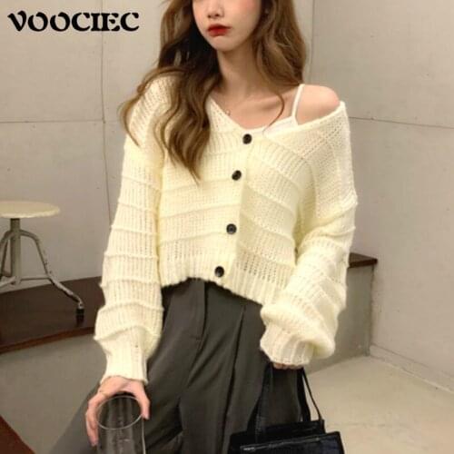 VOOCIEC Autumn Casual Knitted Light Cardigan Women Solid Sweater Harajuku Vintage Loose Elegant Korean Sweater Womens Clothing