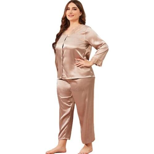 Women Summer Sexy Satin Silk Pajama Sets Plus Size Couple Pajamas Lace Embroidery Homewear Female Long Sleeve Pijama Sleepwear