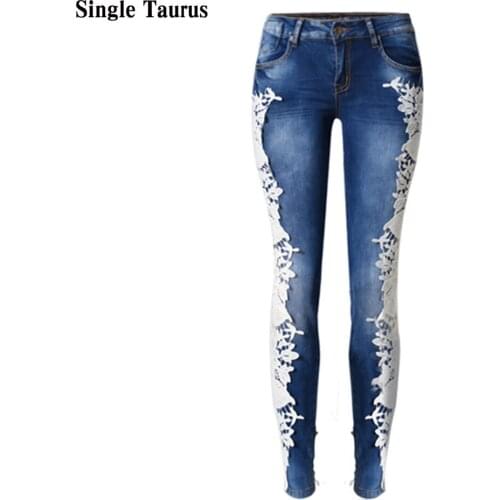 Female Side Stripe Stitching Lace Skinny Jeans Woman 2021 Summer Thin Sexy Denim Blue Pantalones Vaqueros Mujer Pant Ladies