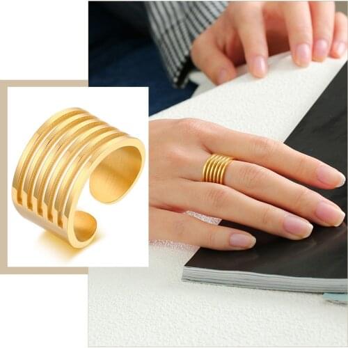 Chic 12mm Wide Open Rings for Women, Gold Color Stainless Steel Hollow Wedding Band for Lady, Minimalist Metal Finger Jewelry