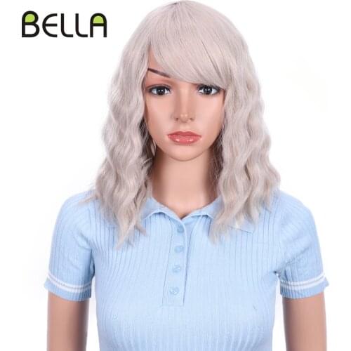 BELLA Synthetic Wig Short Hair Bob Non-lace Wig Purple Violet Pink Blue Color Wig With Bangs Wave Bob Wig For Woman Cosplay