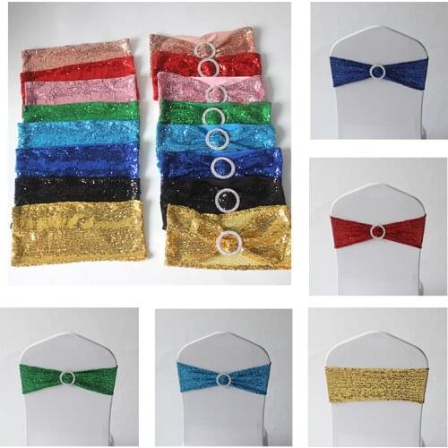 10pcs Rose Gold Silver Spandex Sequin Wedding Chair Bow Sashes Lycra Stretch Chair Band Ribbon Ties Hotel Event Party Decoration