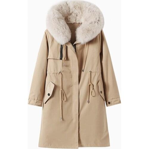 2020 Winter New Real Big Fox Fur Collar Thick Warm Fur Coat Women Real Rabbit Fur Liner Detachable Drawstring Zip Long Parkas