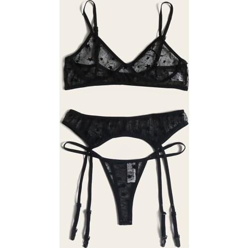 3pc Women Star Print Mesh Wireless Bra + G-string + Garter Lingerie Black Set Panties Briefs Underwear Lingerie Set Нижнее Белье