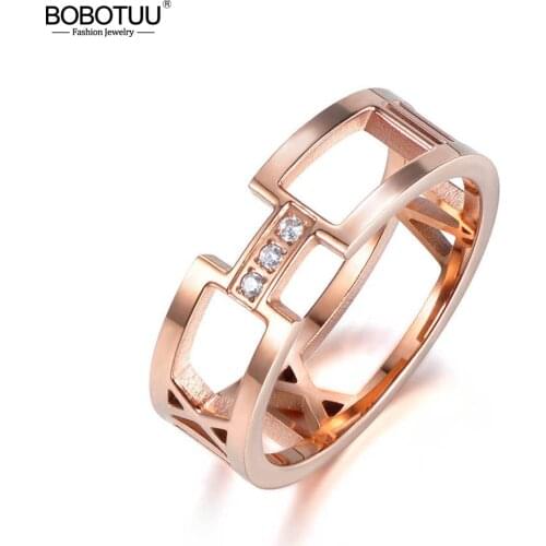BOBOTUU Classic Titanium Steel Rhinestone Fine Brand Jewelry Roman Alphabet Bridal Wedding Engagement Rings For Women BR18003