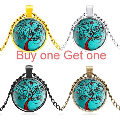 Bronze Cool Tree of Life Symbol Black Glass Cabochon Men Women Vintage Pendant Necklace Jewelry Accessories Gifts