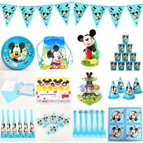 Kids Happy Birthday Party Decoration Tableware Set Mickey Party Supplies Favors Cup Plate Banner Straw Loot bag Napkin Blowout