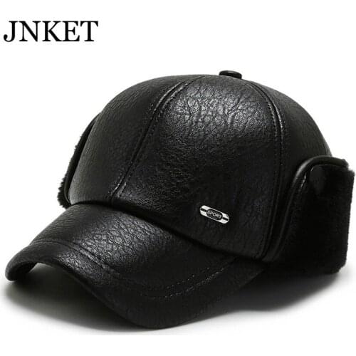 JNKET New Autumn Winter Men PU Leather Baseball Cap Warm Earflaps Cap Outdoor Travel Sunhat Windproof Hat Casquette