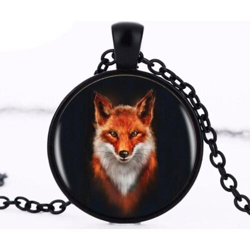 Hot Sale Fox Logo Pendant Necklace Handmade Resin Vintage Cabochon Tibetan Round Chain Pendant Necklace Women Jewelry