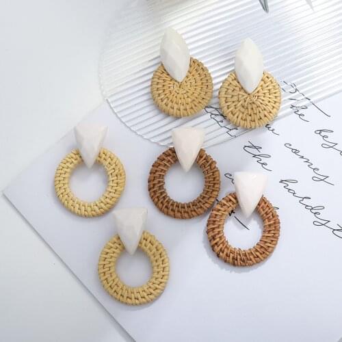 Lifefontier Bohemia Rattan Knit Drop Earrings for Women Geometric Round Dangle Unusual Earrings Summer Holiday Jewelry Gifts
