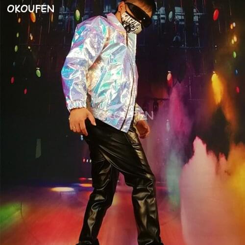 Fashion Cool laser Leather Jacket Man wide shoulder Jacket Party show stage Dress nightclub DJ singer dancer performance wear