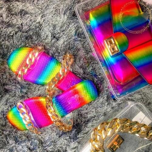 2021New Patent Leather Purse And Water Drill Slippers Rainbow Handbags With Women Shoes Sets Summer Flip Flops With Bag To Match