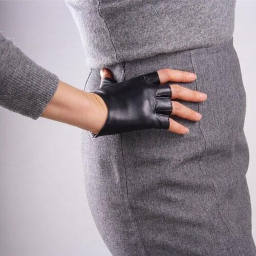 Spring Womens Genuine Leather Gloves Female Driving Unlined Goatskin Half Finger Gloves Fingerless Gym Fitness Gloves TB12