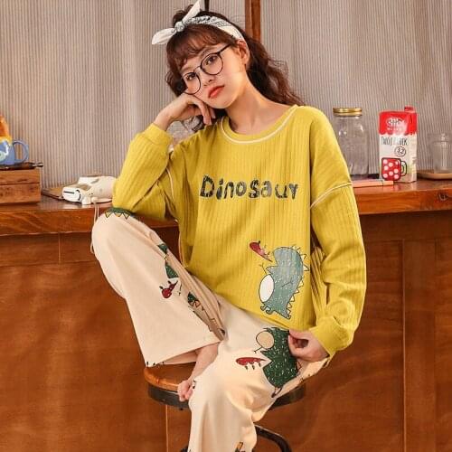 Pajamas Winter Cotton Pajama Sets Loose Sleep Tops Plants Women Nightgowns Kawaii Pijamas Set Dinosaur Printed Pajamas Sleepwear