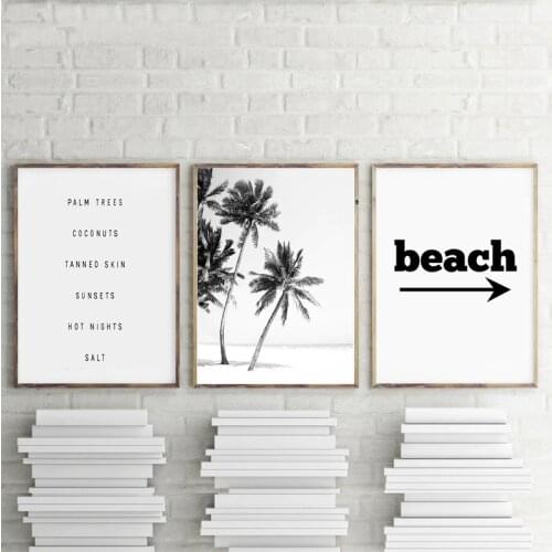 Beach Art Decor Black and White Palm Trees Canvas Print , Beach landscape Canvas Painting Wall Picture Living Room Home Decor