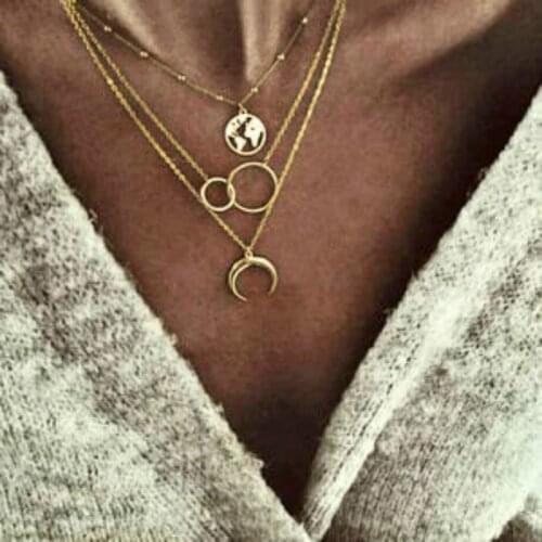 New Fashion Retro Moon World Map Circle Pendant Multilayer Gold Colodr Necklace Party Charm Jewelry Accessories For Women
