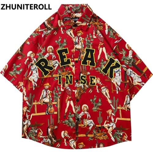 Vintage Hawaiian Shirts Hip Hop Anime Girl Print Embroidery Shirt Streetwear Harajuku Beach Holiday Button Short Sleeve Tops