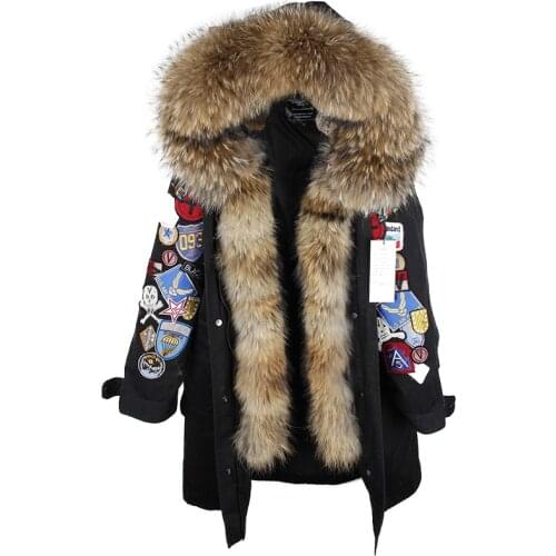 Women Long Winter Coat Real Large Raccoon Fur Hooded Jacket Thick Warm Parkas Fashion Army Green Black Outwear