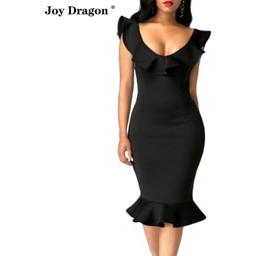 Women Bodycon Dress New Fashion Solid Ruffled Collar Sleeveless Black Mermaid Dres Midi Length Vintage Pack Hips Party Dresses