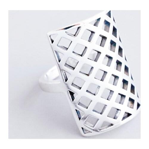 Sole Memory Mesh Hollow Personality Geometry Cool Retro 925 Sterling Silver Female Resizable Opening Rings SRI434