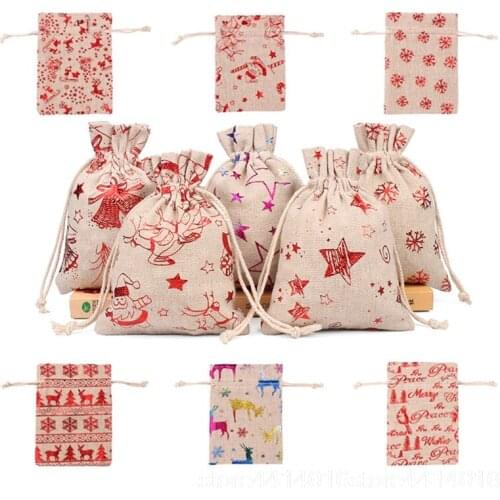 10pcs 10x14 13x18cm Color Printing Elk Burlap Bag Christmas Gift Jewelry Bag Wedding Party Decoration Drawer Bag Sachet Bag 66