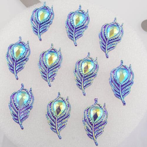 BOLIAO 10Pcs 20*38mm( 0.79in*1.5in ) Peacock Leaf Resin Shining Purple Crystal Flatback No Hole Glue Home Holiday Decoration