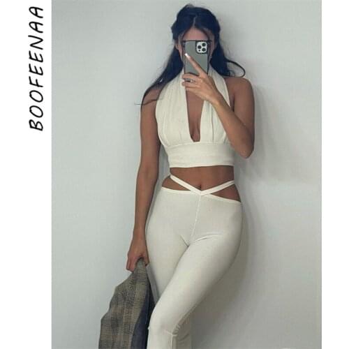 BOOFEENAA Y2k Halter Neck Crop Top Low Rise V Waist Pants Sets Womens Bodycon Outfits White Rib Knit Sexy 2 Piece Set C15-CD38