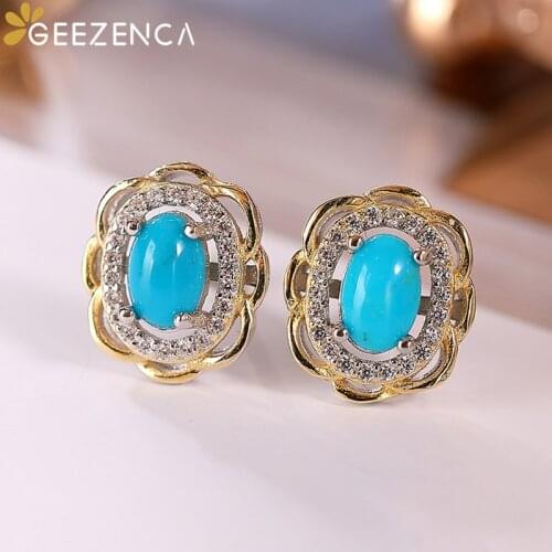GEEZENCA S925 Silver Oval Turquoise Stud Earrings For Women Natural Gemstone Hollow Craft Flower Trendy Earring Fine Jewel Gift