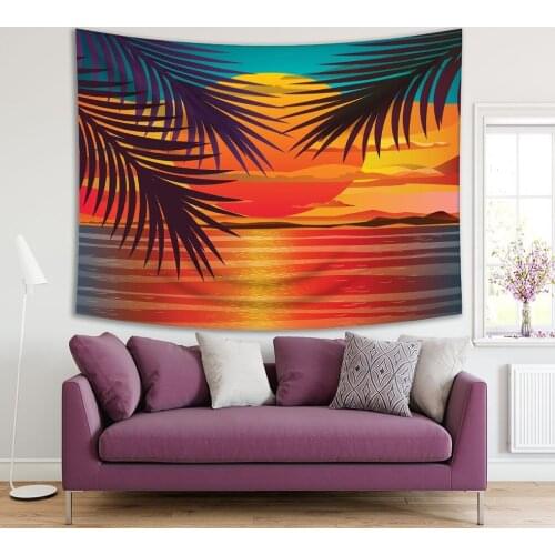 Tapestry Beach Sunset Landscape with Palm Tree Leaves Colorful Summer Sky Blue Orange Red Romantic Scene Print