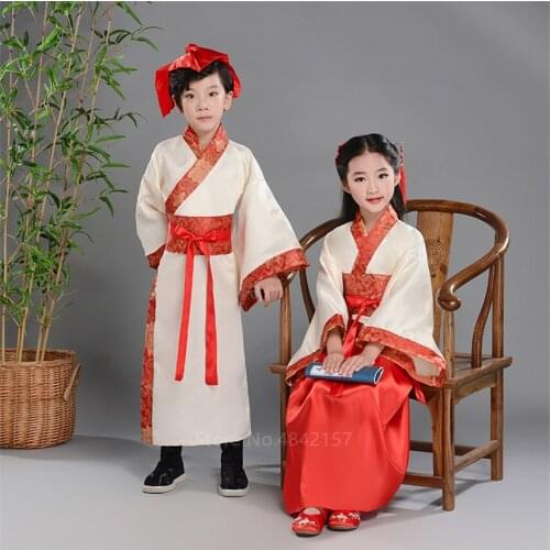 Chinese Traditional Children Hanfu Dress Tang Dynasty Red Printed Stage Performance Costume New Year Festival Kids Clothing Set