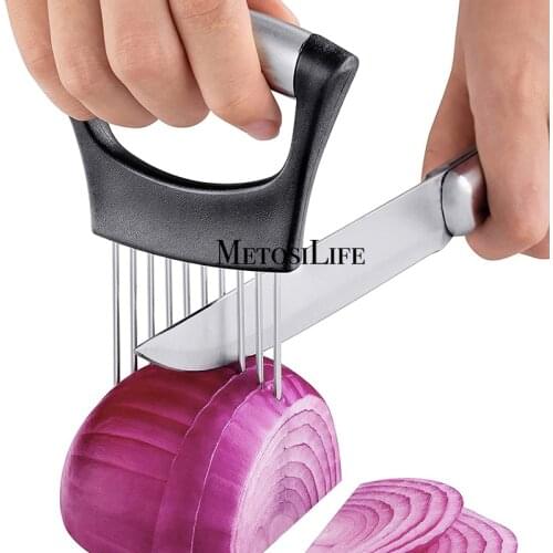 Onion Slicer Holder Meat Vegetable Slicer Cutter for Potato and Tomato, Sharp Stainless Steel Food Slicer Assistant Tool