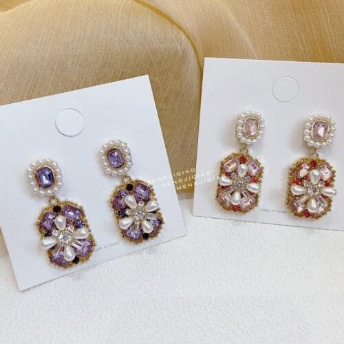 MENGJIQIAO Korean Luxury Square Crystal Dangle Earrings For Women Girls Fashion Elegant Pearl Flower Pendientes Party Jewelry