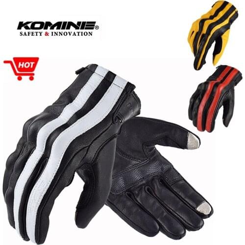 KOMINE Stripe Motorcycle Gloves Genuine Leather Motorbike Riding Gloves Full Finger Gloves Motocross Touch Screen Guantes Moto