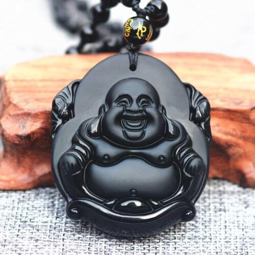 Natural Black Obsidian Buddha Pendant Pot-bellied Maitreya Laughing Buddha Pendant Necklace Men Womens Jades Fashion Jewelry