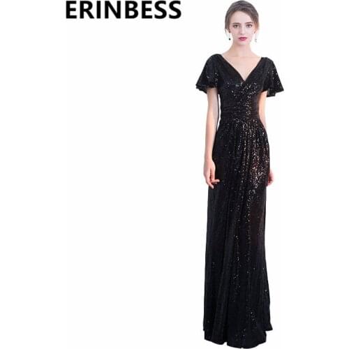 Sexy Black Sequined Evening Dresses A Line V Neck Short Sleeeve Sweep Train Long Floor Length Formal Party Gown For Women