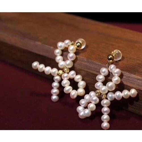 Natural Freshwater Pearl bowknot Drop-Earrings,original design Handmade High quality earrings for women,DIY Jewelry for dress up