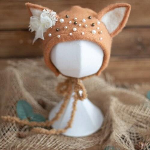 Newborn Fox Bonnet Photography Props Handmade Boy Girl Soft Hat Baby Props Felt Animal Bonnet