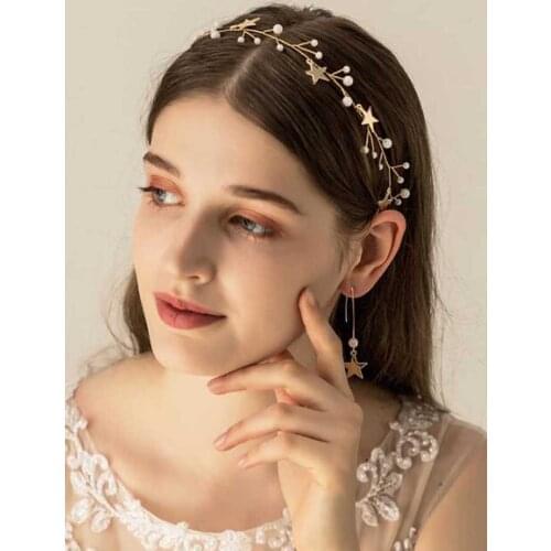 Wedding Earrings Headband Jewelry Set Gold Bohemian Headpiece Crystal Pearl Hair Vine Star Halo Bridal Hair Accessories