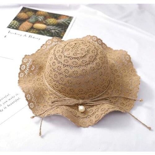 ZEONGKVI Pure Color Bow Pearls Falbala Children Sun Hats Summer Beach Straw Hats For Girl 51-52cm