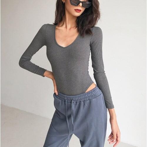 Women V Neck Long Sleeve Ribbed Bodysuit A077