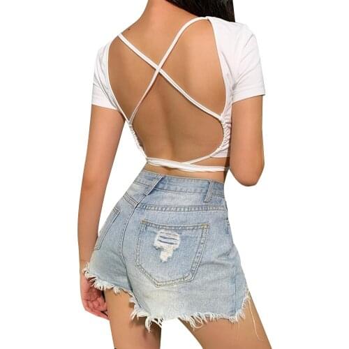 Womens Round Neck Short-Sleeved Short T-shirt Simple Solid Color Back Cutout Bandage Backless Summer Cropped Top