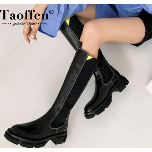 Taoffen Women Fashion Real Leather Knee High Boots Round Toe Square Heel Slip On Ridding Boots Cool Winter Ladies Footwear