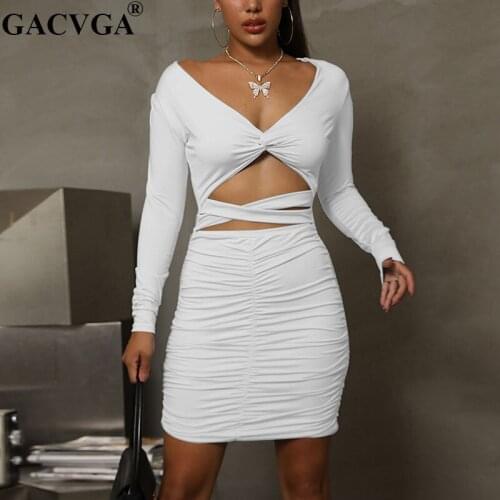 GACVGA 2020 Hollow Out Autumn Winter Elastic Ruched Dress For Women Long Sleeve Bodycon Sexy Mini Party Dresses Vestido
