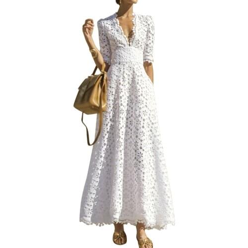 French Elegant White Maxi Dress for Women V Neck Half Sleeve Vestidos Hollow Out Slim Dresses Women 2021 Daily Party Dress